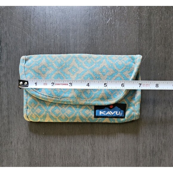 KAVU Big Spender Canvas Trifold Wallet Teal Tan Geometric Floral Print - Picture 4 of 5